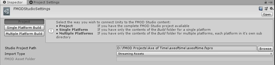 Impostazioni FMOD in Unity