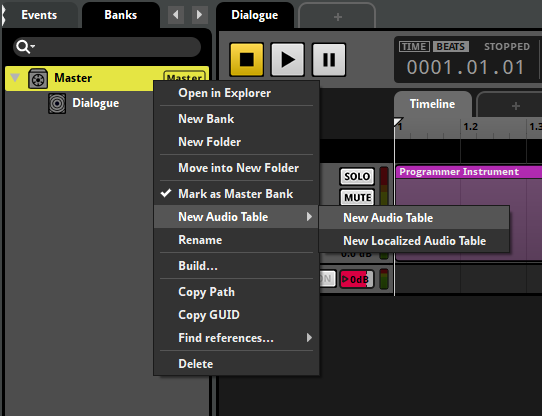 FMOD Studio "New Audio Table" option