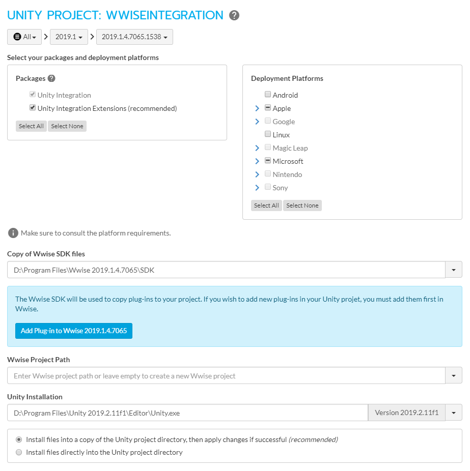 Wwise+Unity Integration setup settings