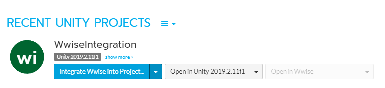 Wwise Launcher showing Unity projects