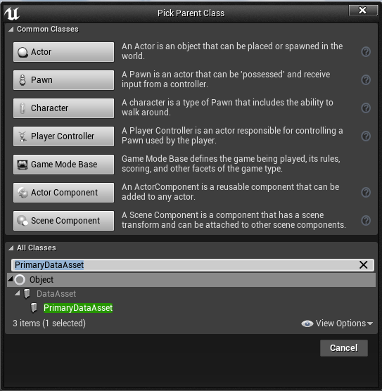 Primary Data Asset Class in Unreal Engine 4